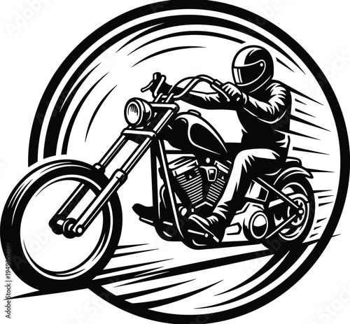 Motorcycle rider on chopper bike speeding in circle frame emblem for biker club logo vintage cafe racer garage and workshop design