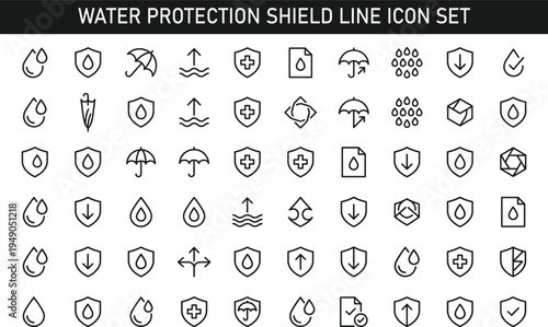 Water protection shield line icon set with rain moisture waterproof safety humidity drop minimal outline vector icons collection isolated background