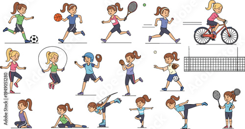 Kids Playing Different Sports Activities Vector Illustration Set Featuring Soccer Basketball Tennis Cycling Baseball Skipping Running and Fitness Exercises Cartoon Children Collection
