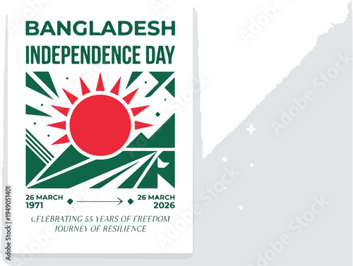 Graphic design celebrating Bangladesh Independence Day with a red sun and green text on a white background with geometric patterns.