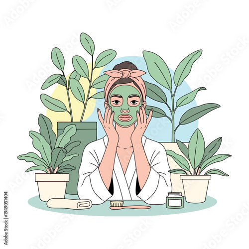 Woman Skincare Facial Mask Vector Illustration Beauty Self Care Routine