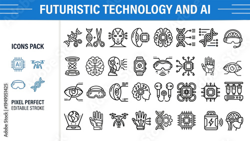 Futuristic Technology and AI Outline Vector Icon Set — Robotics, AI, Smart Devices, VR, AR, IoT, Biotechnology, Wearables, Editable Stroke Icons