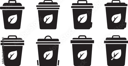 Eco friendly recycling bins with leaf symbols illustration set