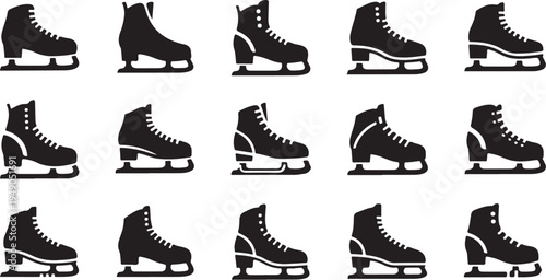 Collection of black ice hockey skates on white background
