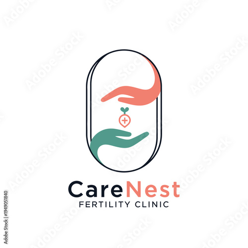 Gentle hands cradling a growing sprout with a medical cross for fertility and maternity clinic branding logo for CareNest Fertility Clinic