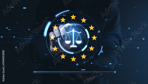 Digital justice and EU law balance symbol over futuristic interface highlighting governance, regulation, cybersecurity, and legal oversight.