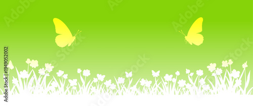 Spring meadow background with butterflies flying over grass and wildflowers silhouette on green gradient sky, perfect for nature, seasonal banners, greeting cards and spring designs