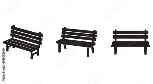 Three black wooden benches in different angles for sitting and resting in parks or gardens outdoor furniture  wooden bench silhouettes