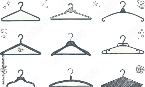 Various clothes hangers doodle set. Collection of hand drawn elegant hangers for clothing of different shapes and styles isolated on transparent background. Illustration of fashion accessories 