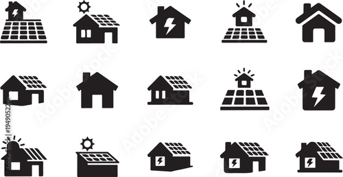 Solar panels and house icons with energy symbols vector