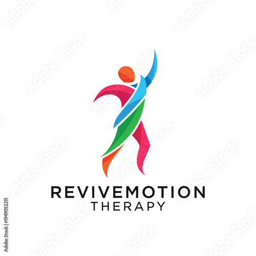 Colorful abstract human figure in motion using ribbon strokes for sports medicine and physical therapy clinic logo for ReviveMotion Therapy