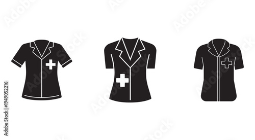 Three different black nurse shirts with white outlines and crosses on the front  medical uniforms for healthcare professionals