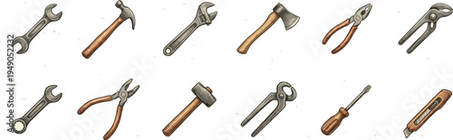 Set of tools for construction or repair work. Hand drawn sketch illustration
