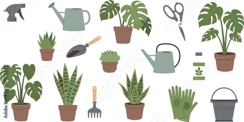 Gardening Tools and Plants Vector Set Featuring Pots, Watering Cans, Gloves, and Plant Care Tools for Indoor and Outdoor Gardening