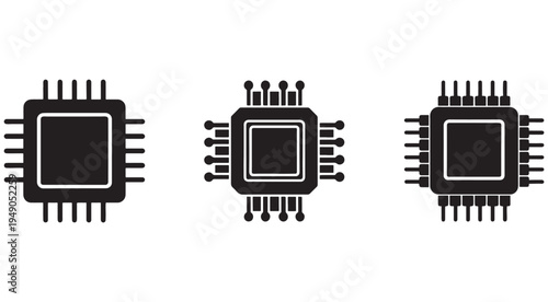 Three different computer chip designs with various pin configurations on a white background for technology and electronics concepts  microchip CPU illustrations