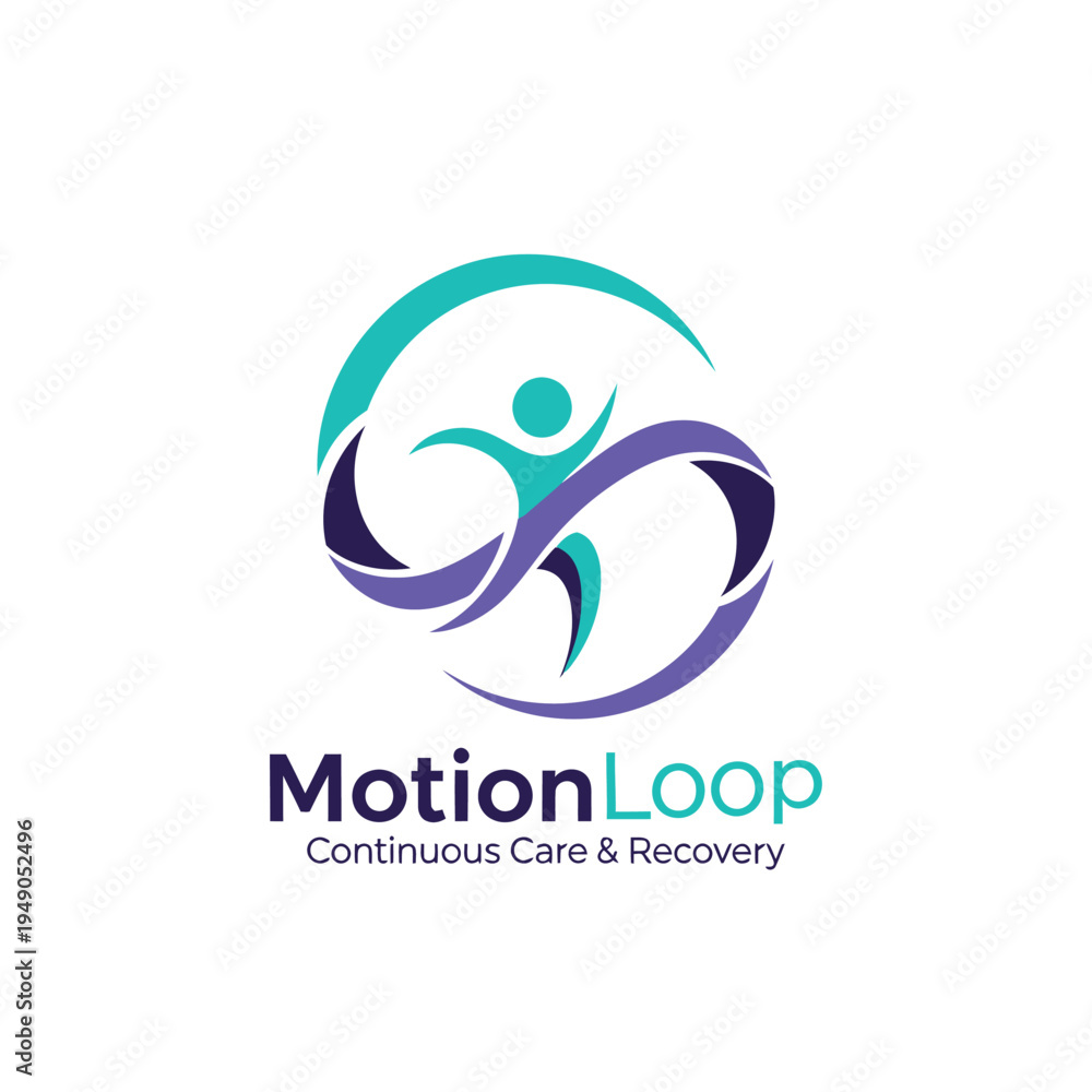 Obraz premium Abstract human figure running within a circular infinity loop for physical therapy and fitness recovery branding logo for MotionLoop