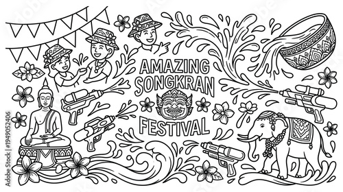 Amazing Songkran Festival doodle art with water splashing and traditional elements