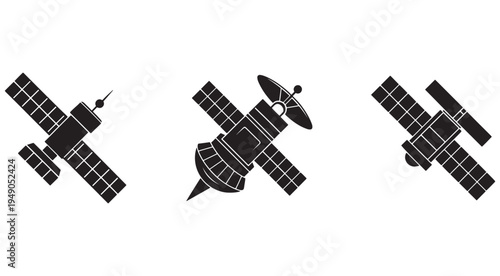 Three different satellite spacecraft icons in black silhouette on white background for technology and space exploration concepts  representing various orbital platforms