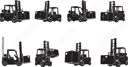 Forklift Silhouettes in Various Positions and Angles Illustration Set