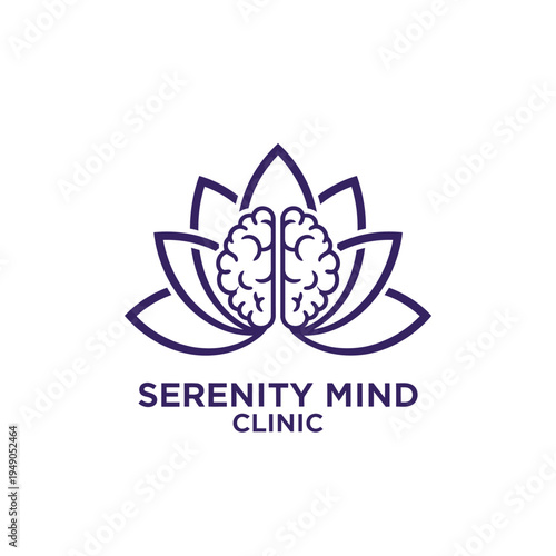 Lotus flower petals combined with a human brain illustration for holistic wellness and meditation center branding logo for Serenity Mind Clinic