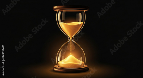 Glowing hourglass with sand flowing in a dark background symbolizing time passing
