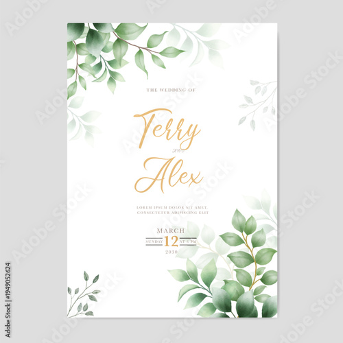 Watercolor green leaf background and template.used wedding birthday and funeral invitations