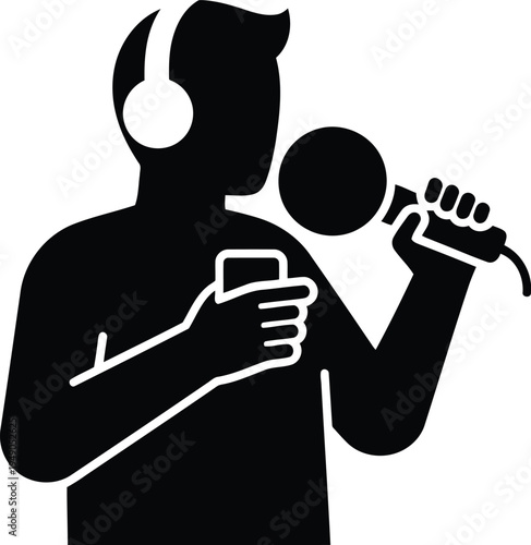 Podcaster recording audio with microphone and headphones on phone for podcasting or social media content creation