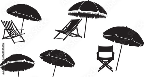 Black beach umbrellas and chairs on white background illustration