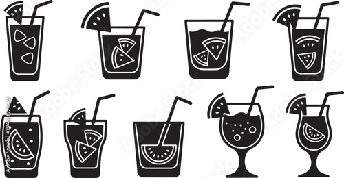 Black and white illustrations of various cocktail drinks icons
