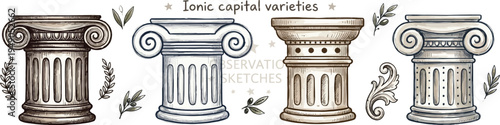 Ancient Greek and Roman column capitals set, classical architecture Ionic Corinthian Doric pillars line vector illustration collection isolated
