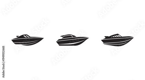 Three modern speedboats or yachts with sleek designs and white stripes on a clean white background for graphic design or transport concepts