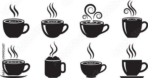 Set of black coffee cups with steam icons isolated