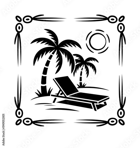 Tropical naive coastal elements like palm trees, waves, sun lounger  and sun perfect for summer designs, t-shirts, posters, and placard prints.