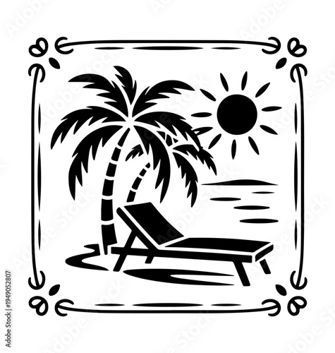 Tropical naive coastal elements like palm trees, waves, sun lounger  and sun perfect for summer designs, t-shirts, posters, and placard prints.