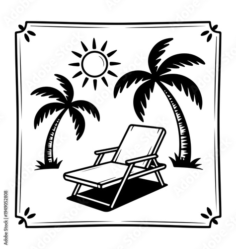 Tropical naive coastal elements like palm trees, waves, sun lounger  and sun perfect for summer designs, t-shirts, posters, and placard prints.