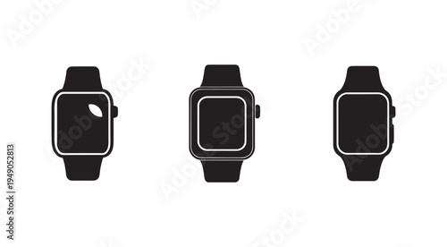 Three smartwatch icons in black and white on a plain white background for technology and design concepts  various watch faces and angles