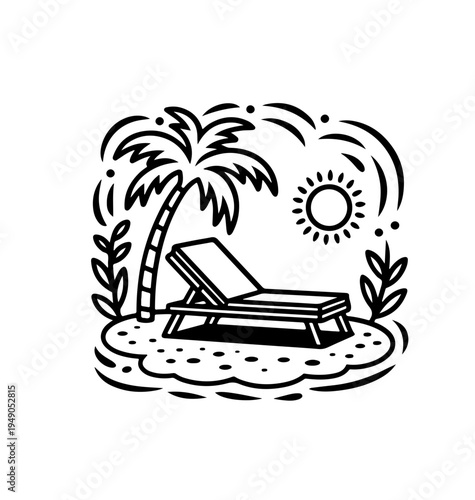 Tropical naive coastal elements like palm trees, waves, sun lounger  and sun perfect for summer designs, t-shirts, posters, and placard prints.