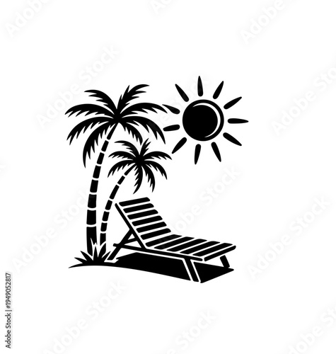 Tropical naive coastal elements like palm trees, waves, sun lounger  and sun perfect for summer designs, t-shirts, posters, and placard prints.