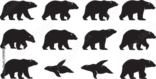 Silhouettes of bears and dolphins in various walking positions