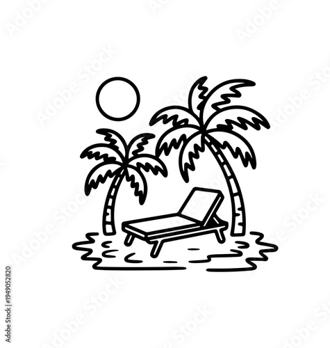 Tropical naive coastal elements like palm trees, waves, sun lounger  and sun perfect for summer designs, t-shirts, posters, and placard prints.
