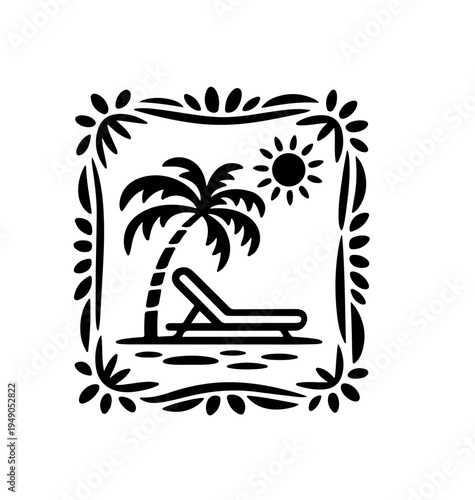 Tropical naive coastal elements like palm trees, waves, sun lounger  and sun perfect for summer designs, t-shirts, posters, and placard prints.