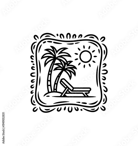 Tropical naive coastal elements like palm trees, waves, sun lounger  and sun perfect for summer designs, t-shirts, posters, and placard prints.