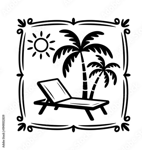 Tropical naive coastal elements like palm trees, waves, sun lounger  and sun perfect for summer designs, t-shirts, posters, and placard prints.