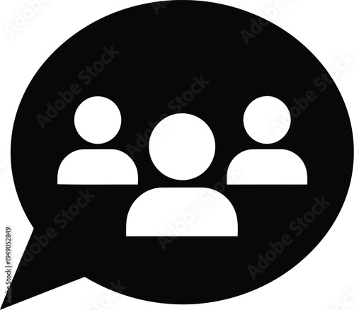 Speech bubble with three people icons inside symbolizing group discussion communication and community interaction
