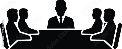Corporate board meeting icon showing group of professionals sitting around conference table for strategic team discussion