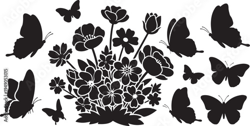 Black Silhouette Butterflies and Flowers on White Background Illustration