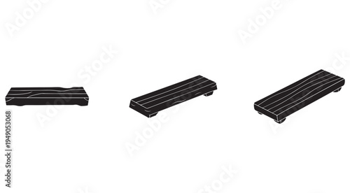 Three wooden planks with white lines on a white background for craft and DIY projects  various angles