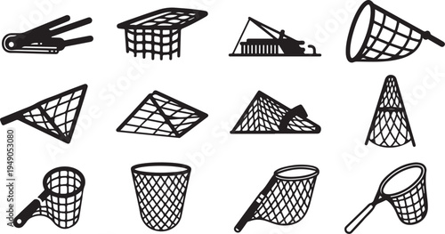 Collection of various fishing nets and strainers illustration set