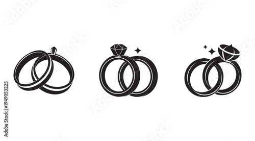 Wedding rings with and without diamond engagement symbol  marriage couple love commitment promise  three pairs of interlocking circular shiny metal bands