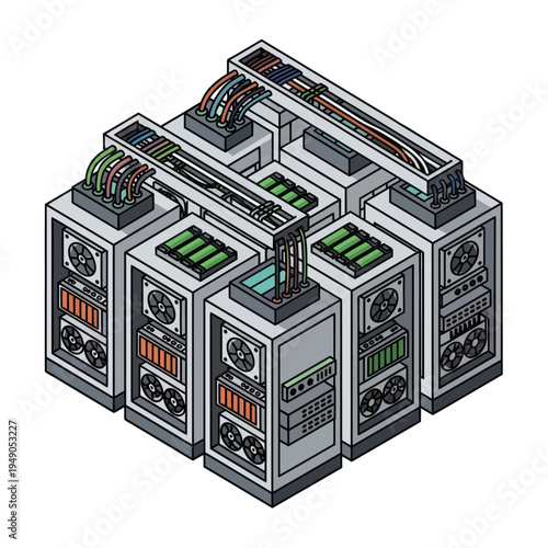 Isometric Server Room Illustration - Data Center Infrastructure and Connectivity.